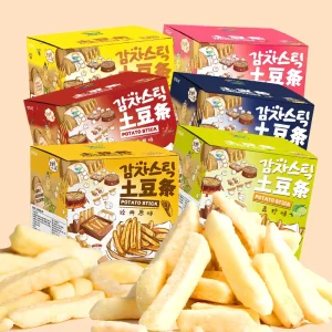 Crispy Hard Texture Potato Sticks and Chips Spicy Salty Sweet Flavors Box Packaging Trans Fat Free Snacks