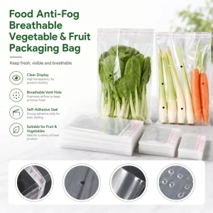 Food Anti Fog Breathable Transparent Self Adhesive Recyclable Custom Size OP Vegetable Fruit Cellophane Bags Flat Mouth Design