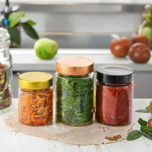 High Quality Clear Recyclable Screw Top Storage Bottle Salad Canned Pickle Sauce Spice Glass Mason Jar Containers Metal Lid