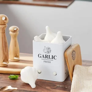 Kitchen Vegetable Storage Set, Square White Metal Onion, Garlic, and Potato Jars with Bamboo Lids
