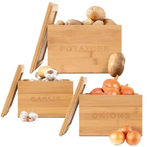 Onion and Potato Storage Stackable Kitchen Accessories Bamboo Vegetable Bins Stackable Garlic Container for Pantry or Counter