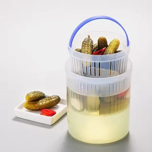 Transparent Plastic Pickle Jar with Strainer Insert and Flip-Top Lid