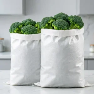 White Woven Bag Open Top for Fresh Vegetable Storage Large Capacity Reusable Sack for Broccoli Farm Harvest Packing